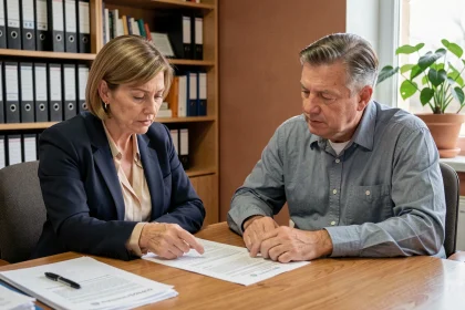 Locataire et bailleur examinant un contrat de location avec dépôt de garantie dans une agence immobilière