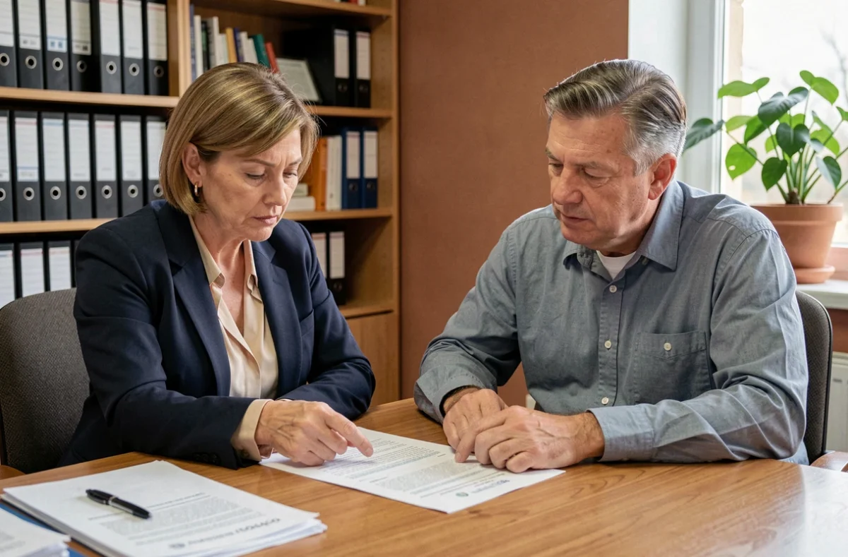 Locataire et bailleur examinant un contrat de location avec dépôt de garantie dans une agence immobilière