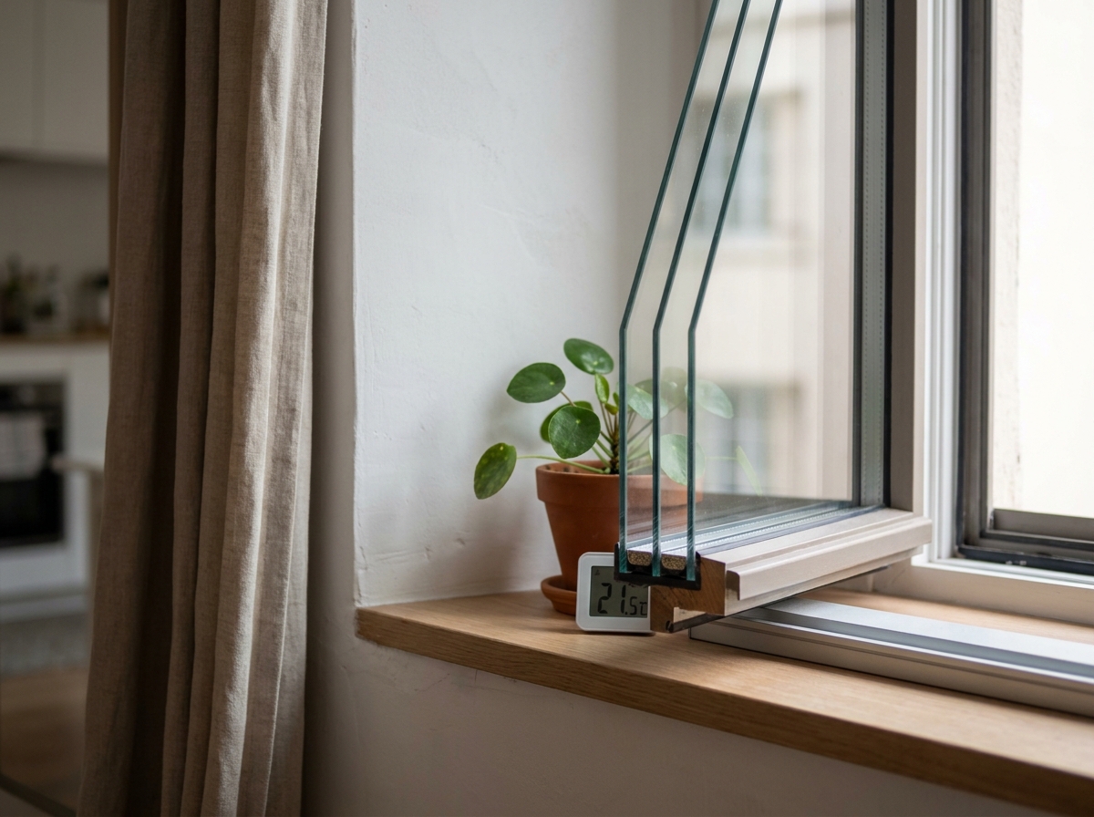 Détail d'une fenêtre triple vitrage avec isolation thermique dans un appartement rénové à Lyon