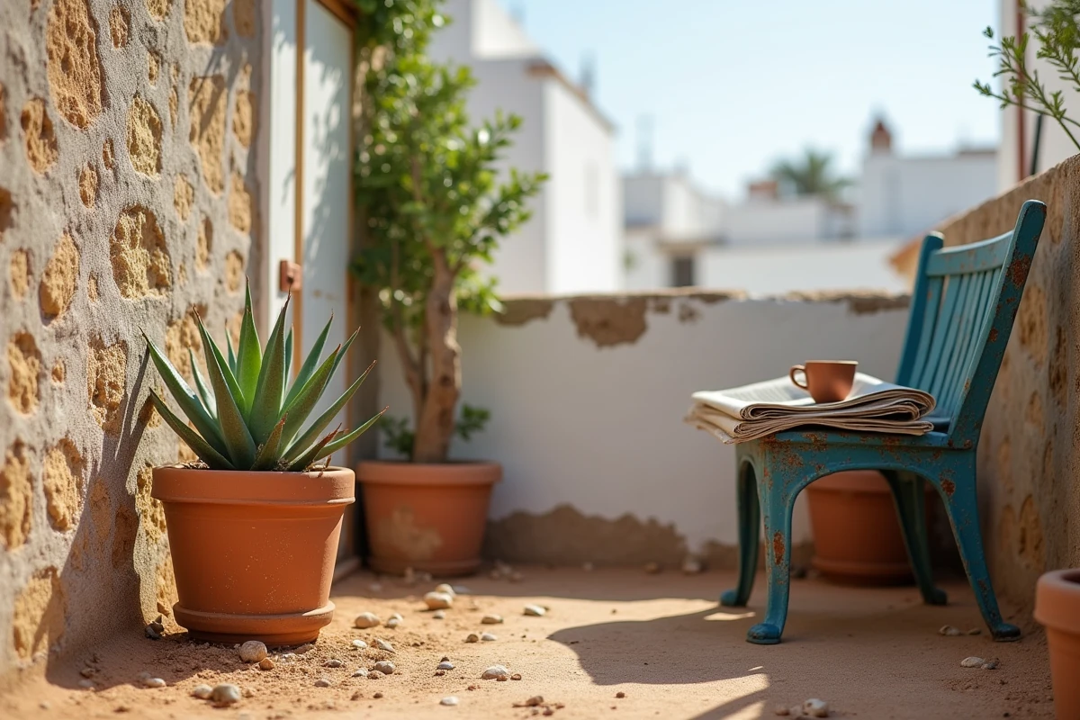 Détail d'un coin de jardin d'une maison en location à Essaouira, mur de pierre avec lichens côtiers et plante succulente résistant au vent et à l'humidité
