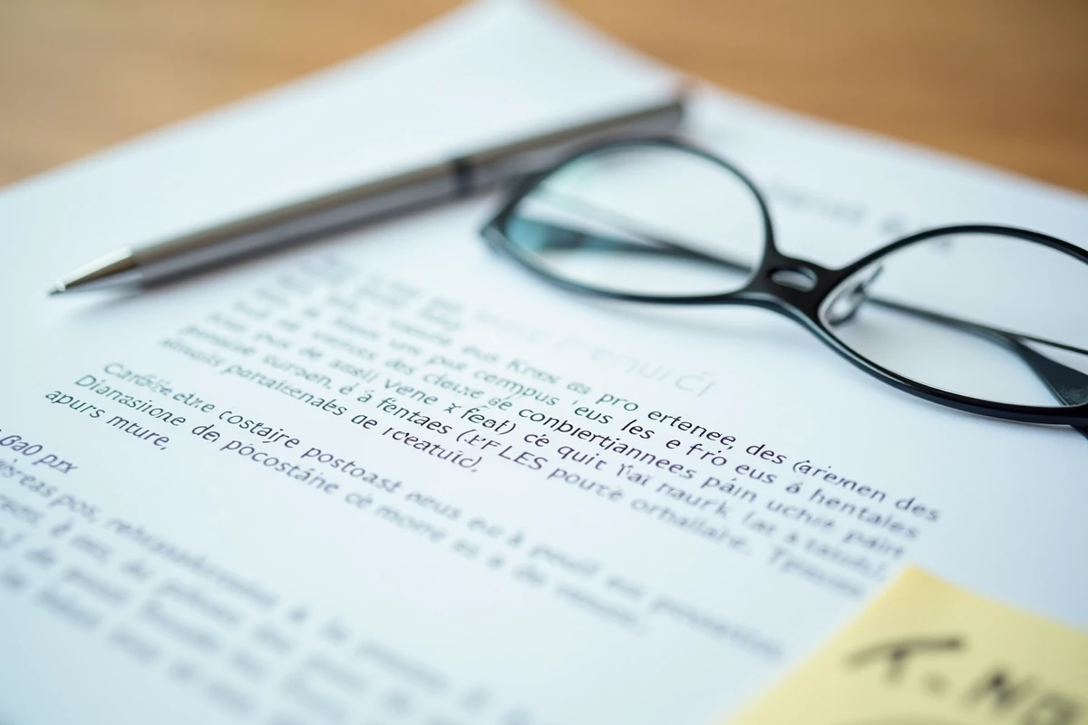Détail d'une lettre de garant imprimée avec annotations et stylo sur une table en bois