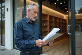 Professionnel examinant le dossier de diagnostics obligatoires devant un local commercial vide avant signature de bail