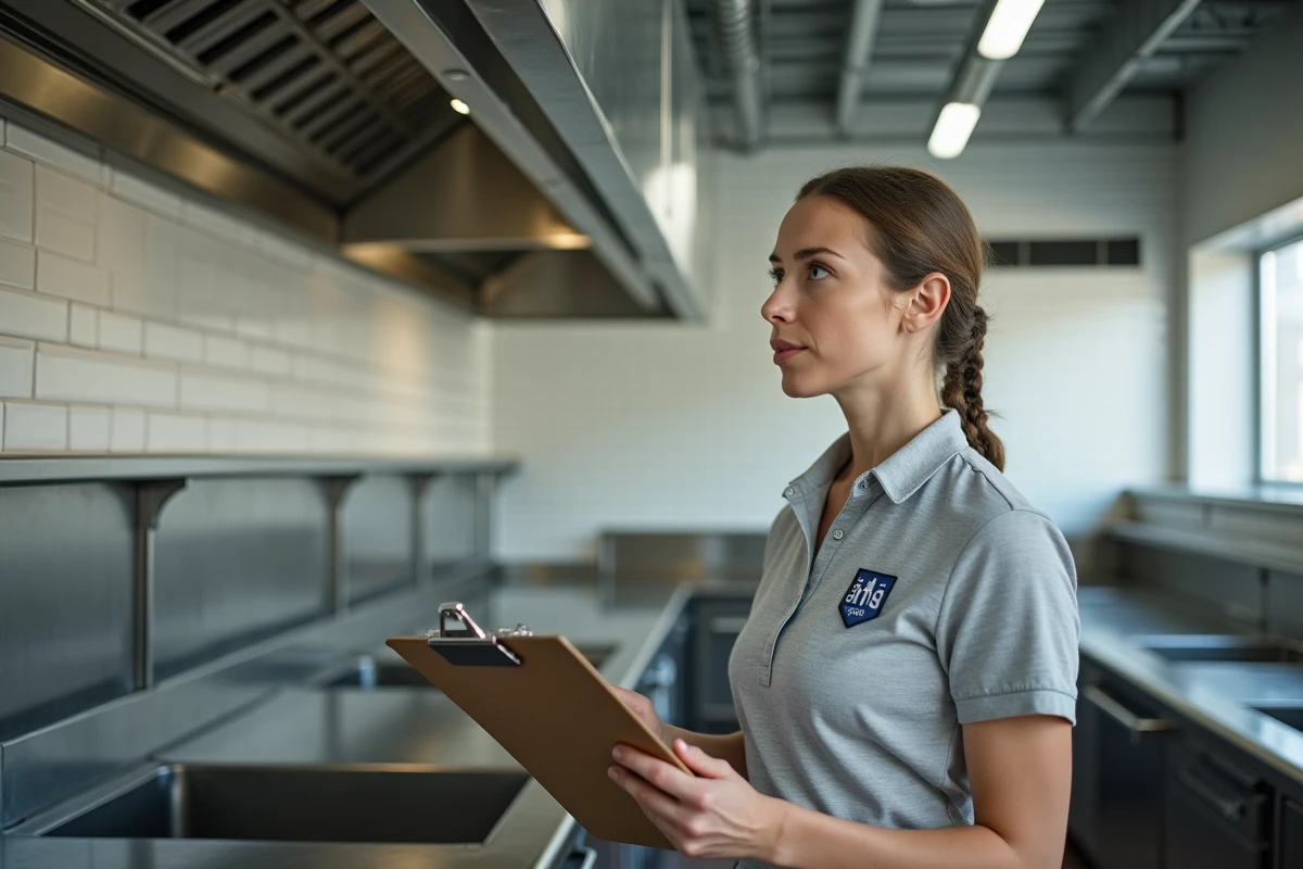 Diagnosticienne effectuant un diagnostic technique obligatoire dans la cuisine d'un restaurant avant bail commercial