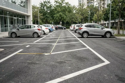 Parking extérieur avec places délimitées par des lignes blanches et dimensions standard visibles, vue en légère plongée