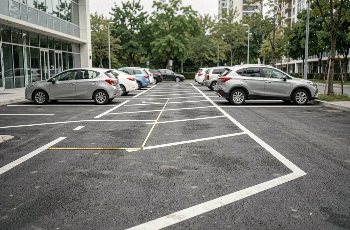 Parking extérieur avec places délimitées par des lignes blanches et dimensions standard visibles, vue en légère plongée