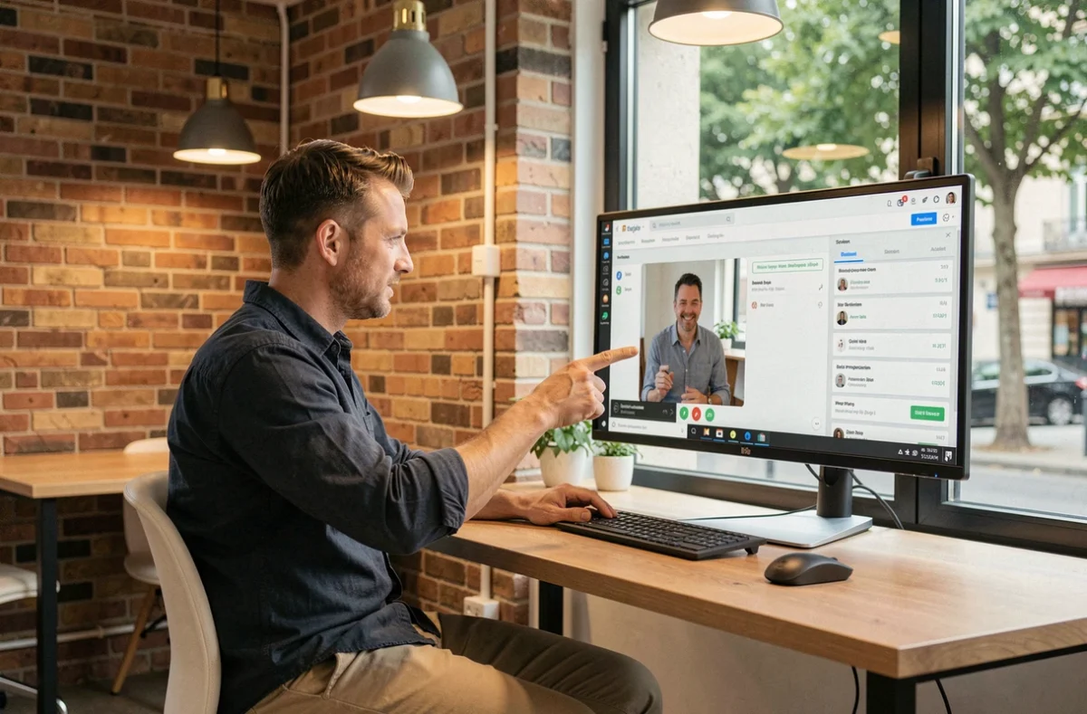 Un consultant de Direct Atria gérant une copropriété en ligne depuis un bureau moderne et connecté