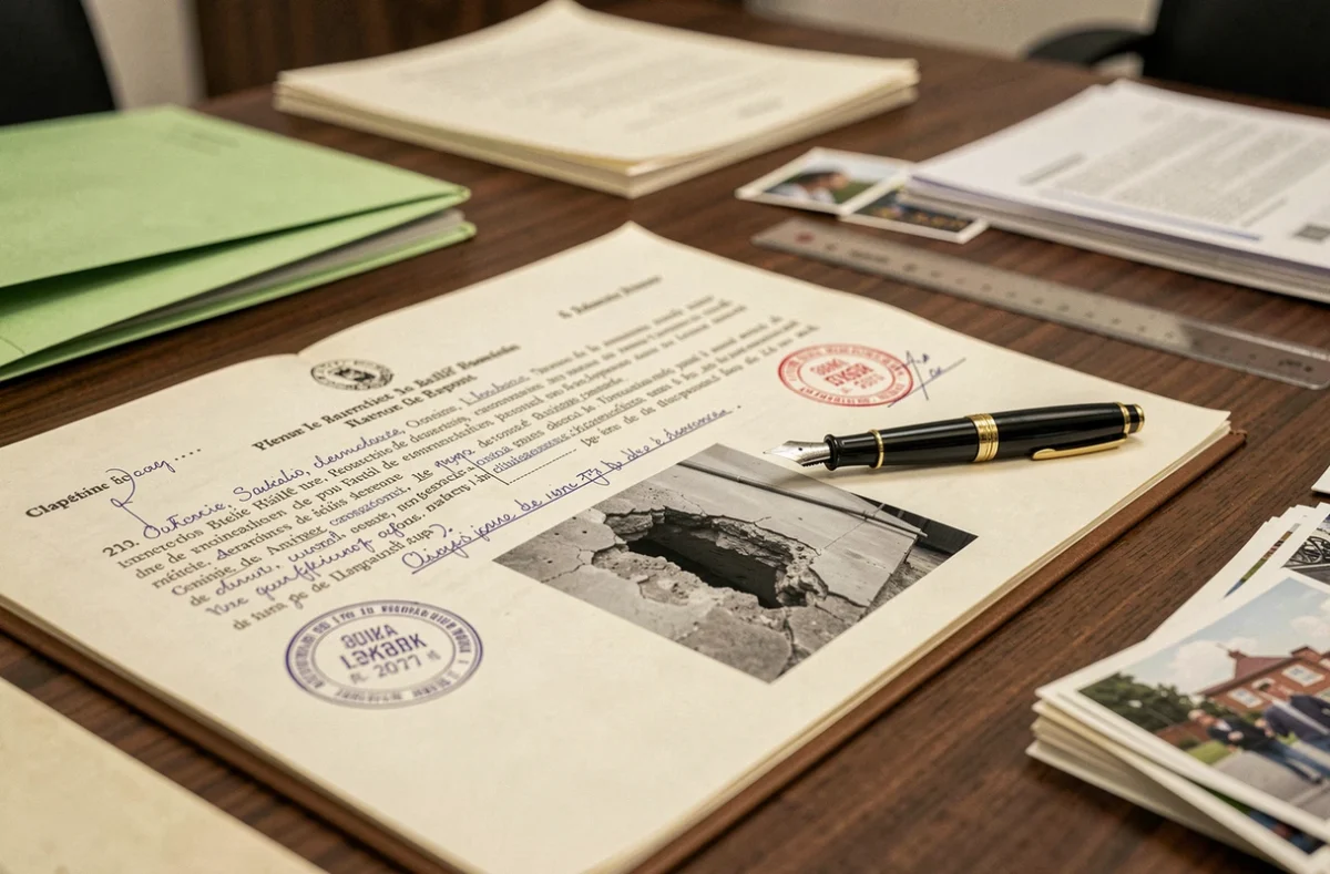 Document officiel de constat huissier avant travaux avec annotations manuscrites et photos de dommages