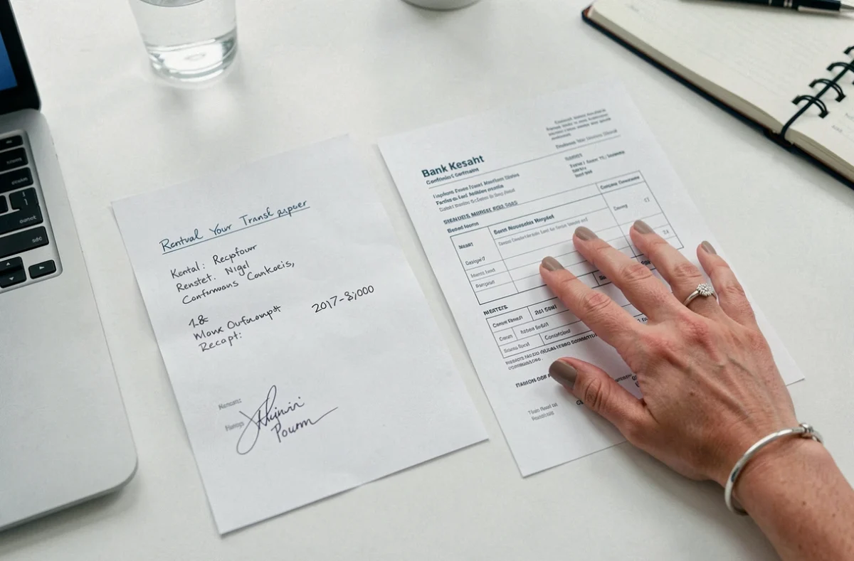 Documents administratifs liés au dépôt de garantie locatif posés sur un bureau avec une main de femme