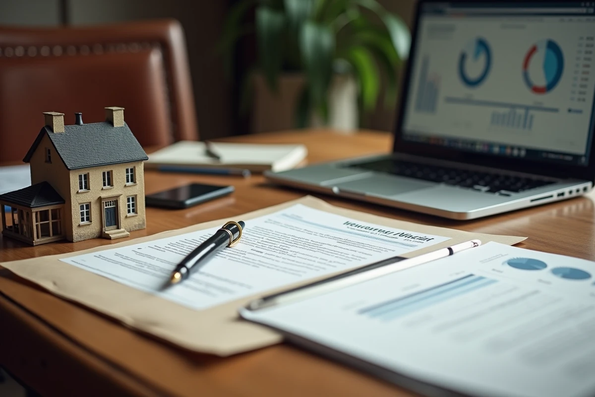 Documents de vente d'un manoir atypique posés sur un bureau de notaire avec modèle architectural et analyse de marché immobilier