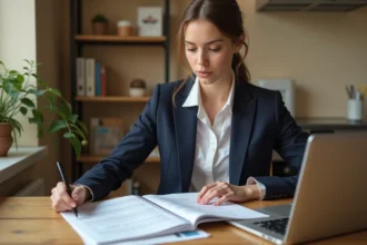 Jeune femme constituant un dossier de location pour une maison avec jardin à 600 euros