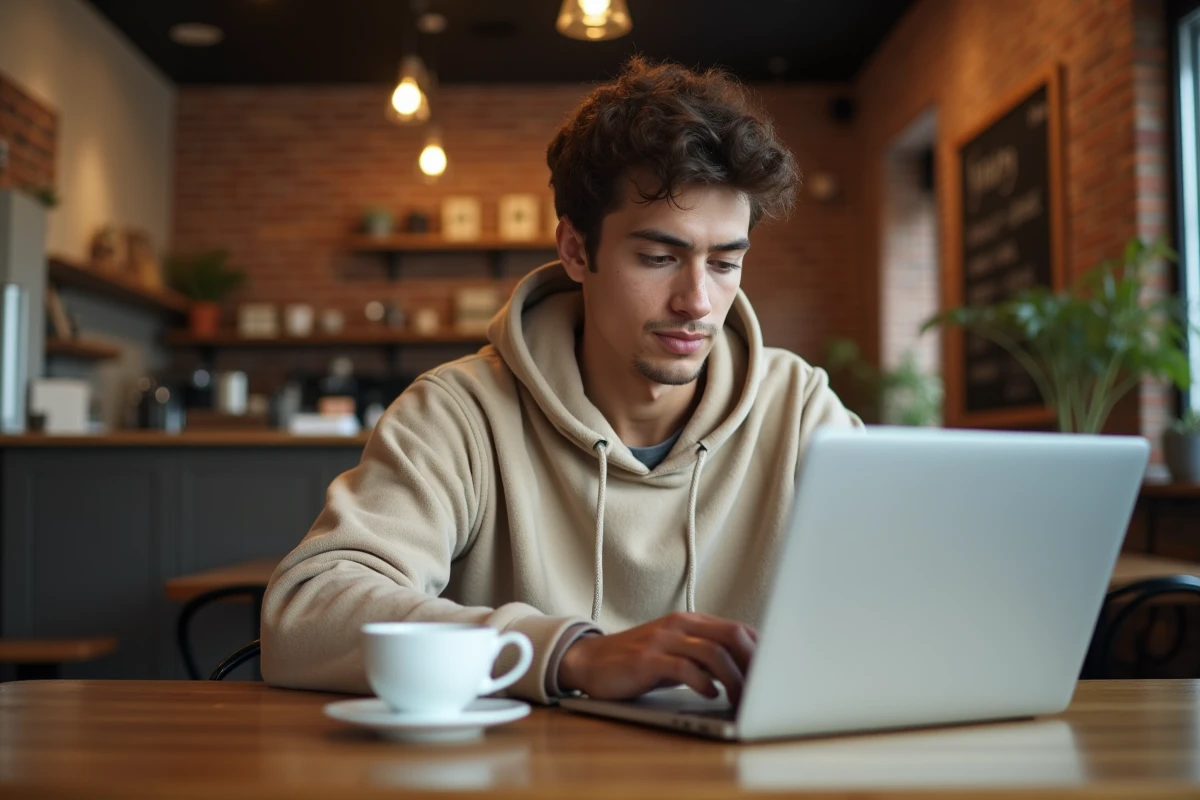 Jeune utilisateur consultant un email de réinitialisation de mot de passe CONVERGENCE Toulouse dans un café