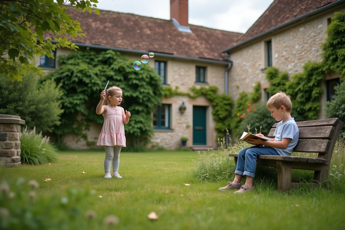 Enfants jouant dans le jardin d'une maison normande en pierre en Seine-Maritime