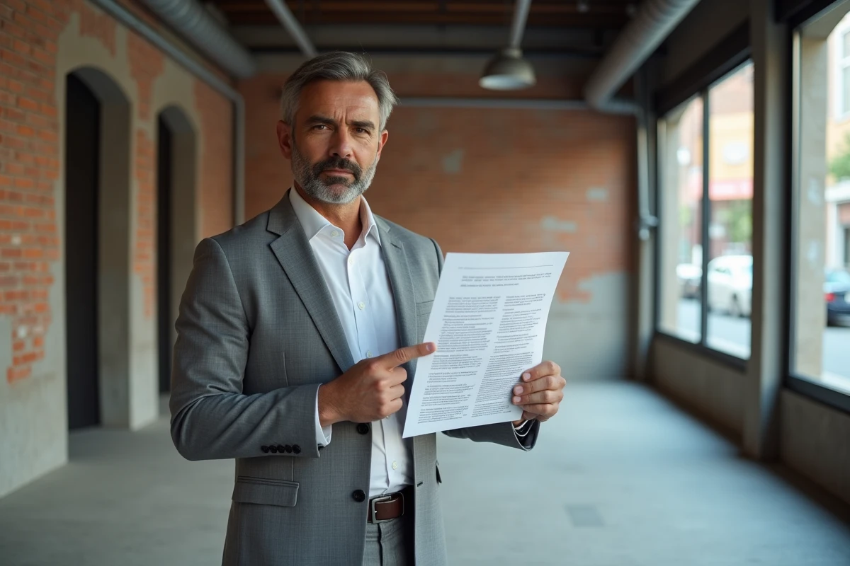 Chef d'entreprise examinant les clauses d'indexation INSEE d'un bail commercial dans un local commercial vide