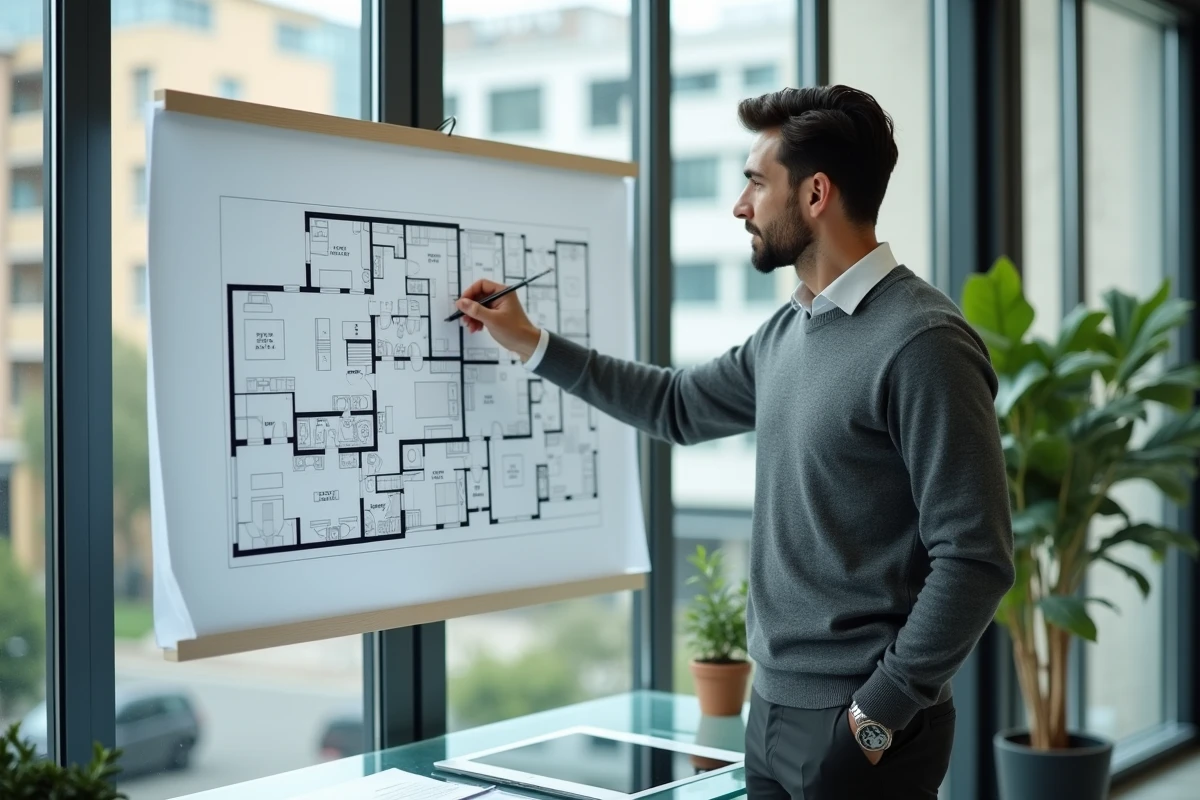 Entrepreneur seul examinant des plans immobiliers dans une agence moderne pour la création d'une SCI en 2026