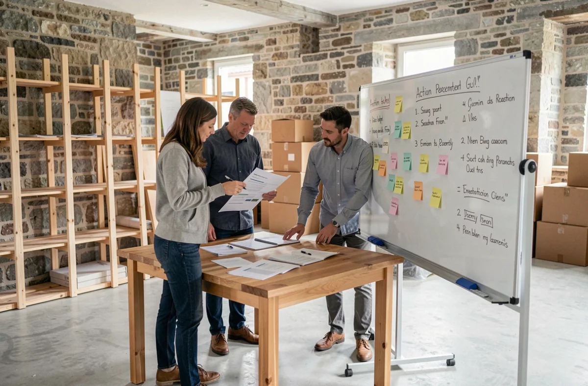 Équipe d'une petite entreprise en train de planifier la fidélisation client lors du déménagement vers un nouveau local à Dijon, avec tableau de planification et documents