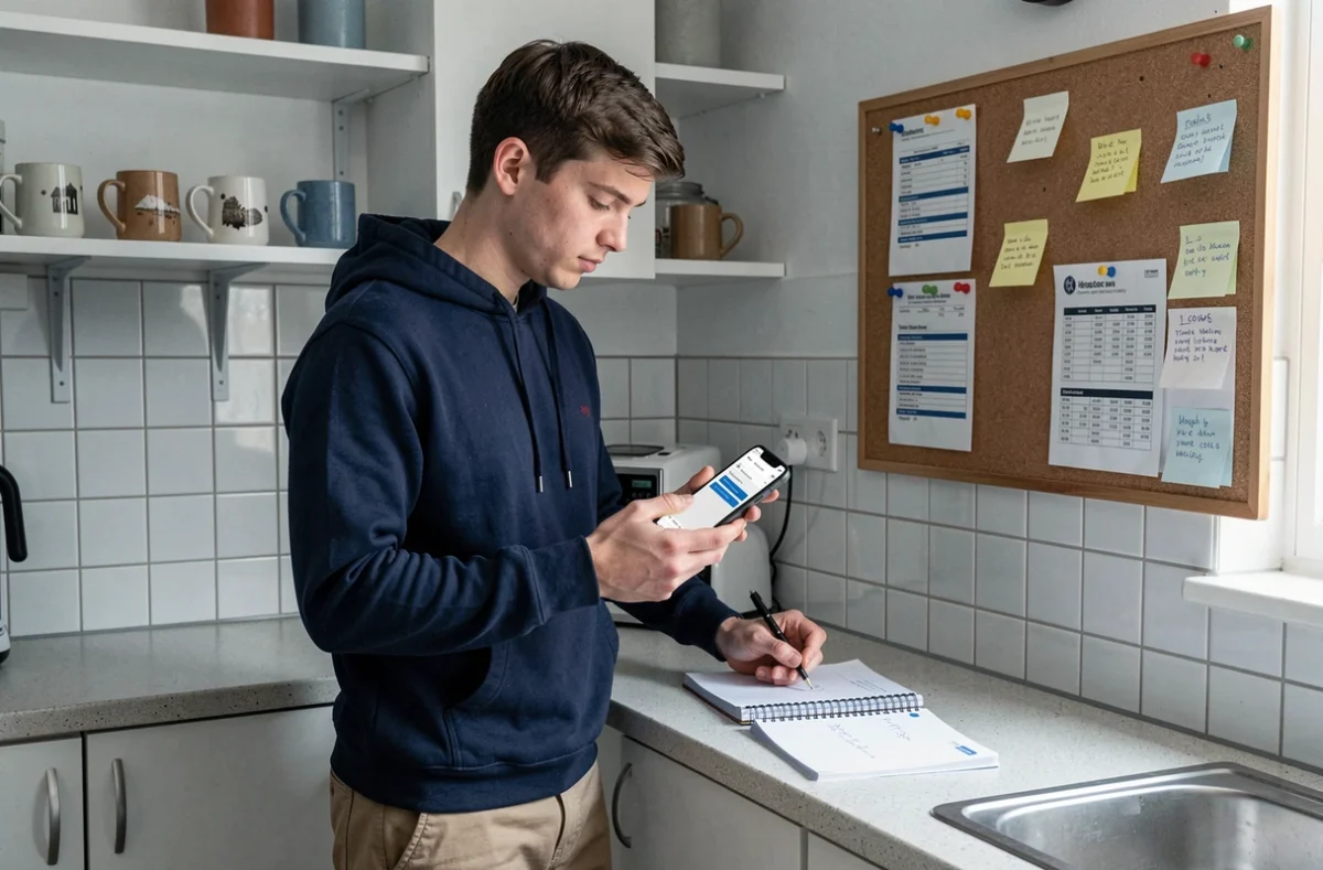 Étudiant comparant des offres d'assurance habitation sur son smartphone