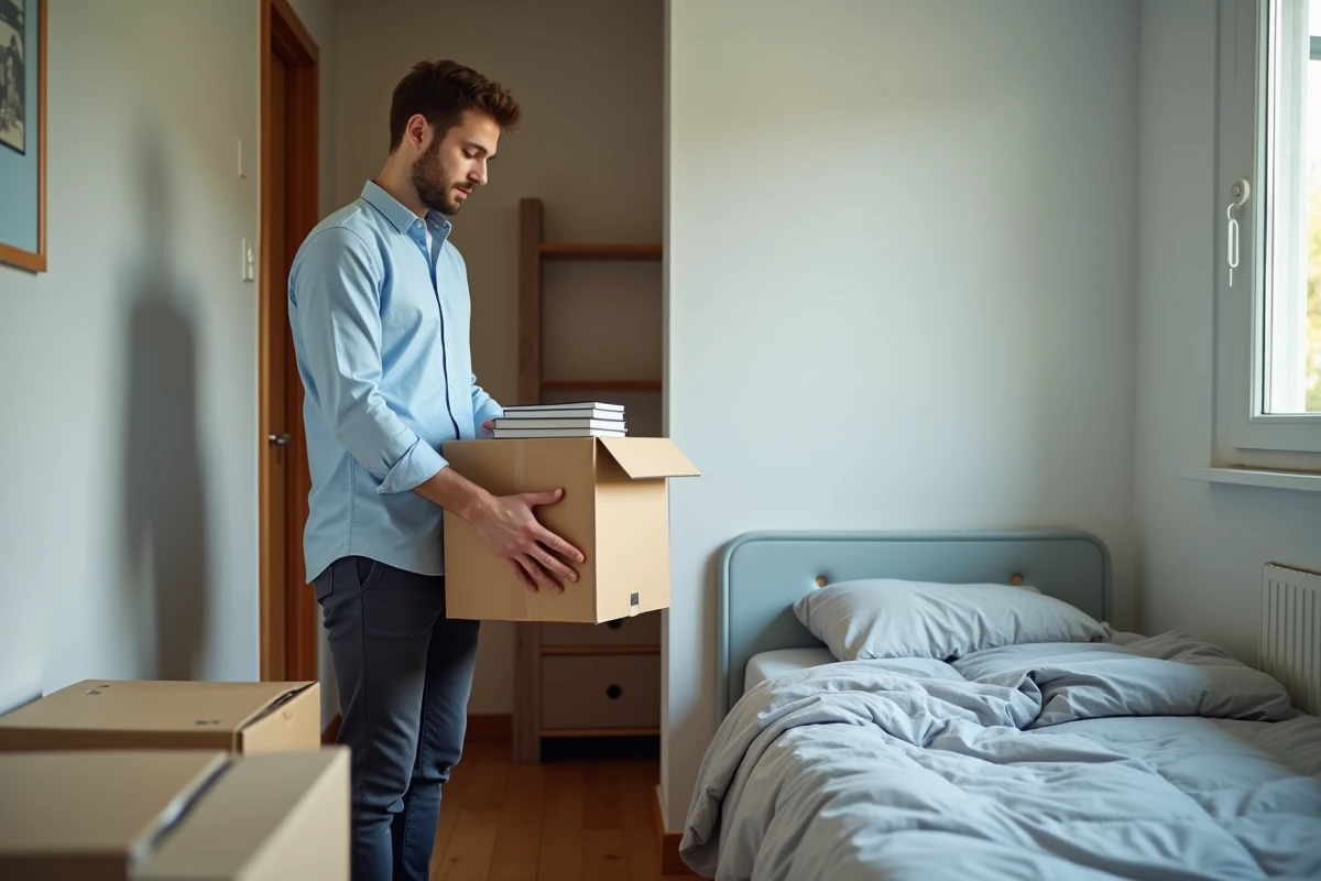 Étudiant emménageant dans un appartement T2 en résidence étudiante avec ses affaires personnelles