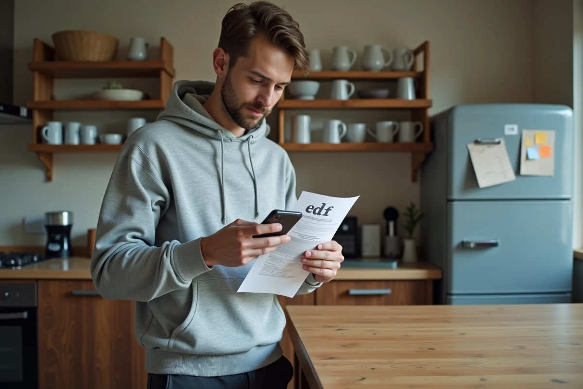 Jeune homme étudiant consultant sa facture EDF pour effectuer un changement de titulaire dans une colocation