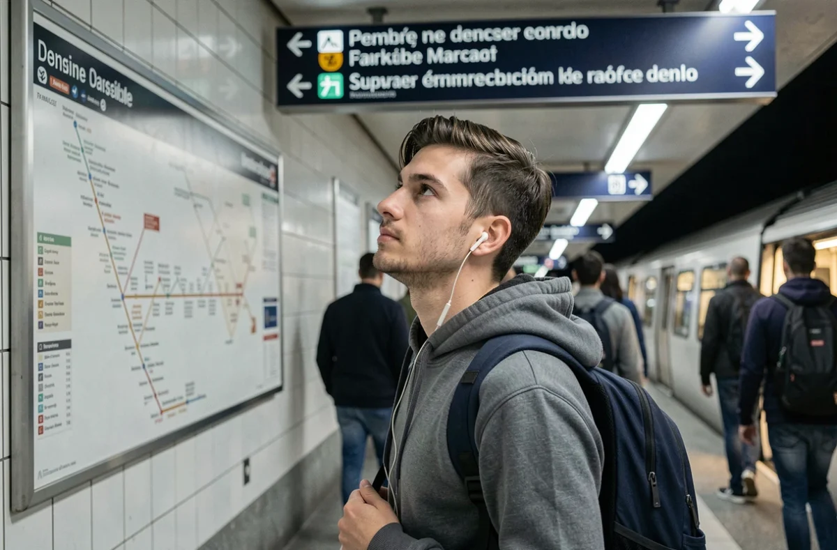 Étudiant consultant le plan du métro à une station de Marseille avec son sac à dos, environnement de transport en commun urbain