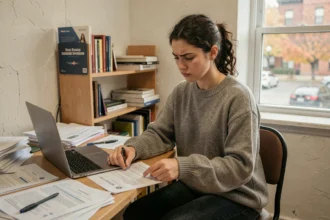 Étudiante lisant des documents d'assurance logement dans son studio