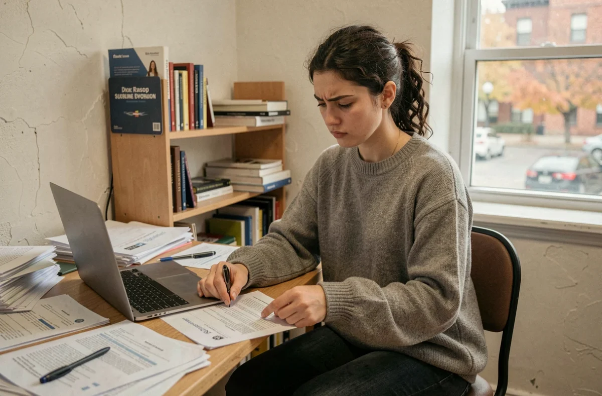 Étudiante lisant des documents d'assurance logement dans son studio