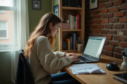 Étudiante changeant son contrat EDF en ligne dans son studio universitaire entouré de documents administratifs