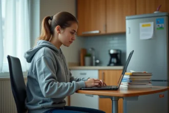 Jeune étudiante travaillant sur son ordinateur portable dans un T2 meublé en résidence universitaire