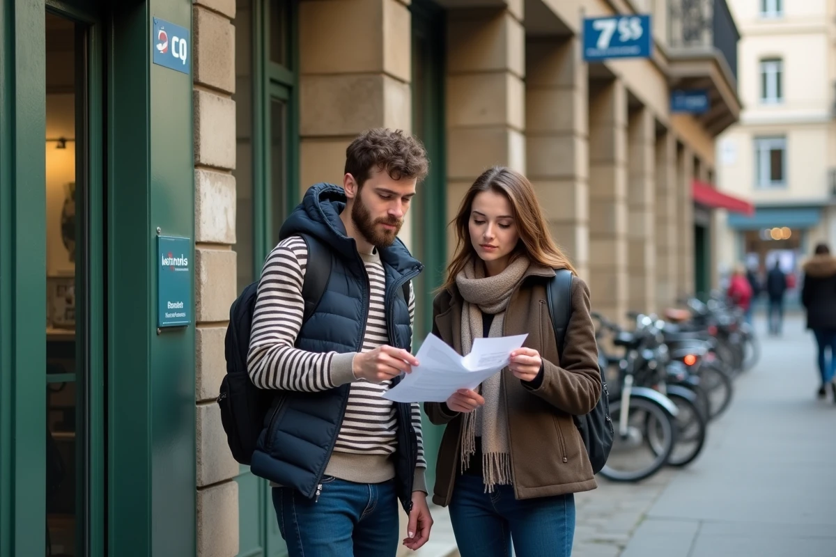 Deux étudiants vérifiant les démarches administratives pour un changement de contrat EDF devant un guichet de service public