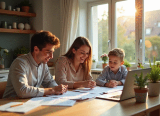 Meilleure assurance habitation en France : comparatif et conseils pour choisir Famille française heureuse vérifiant documents d'assurance maison