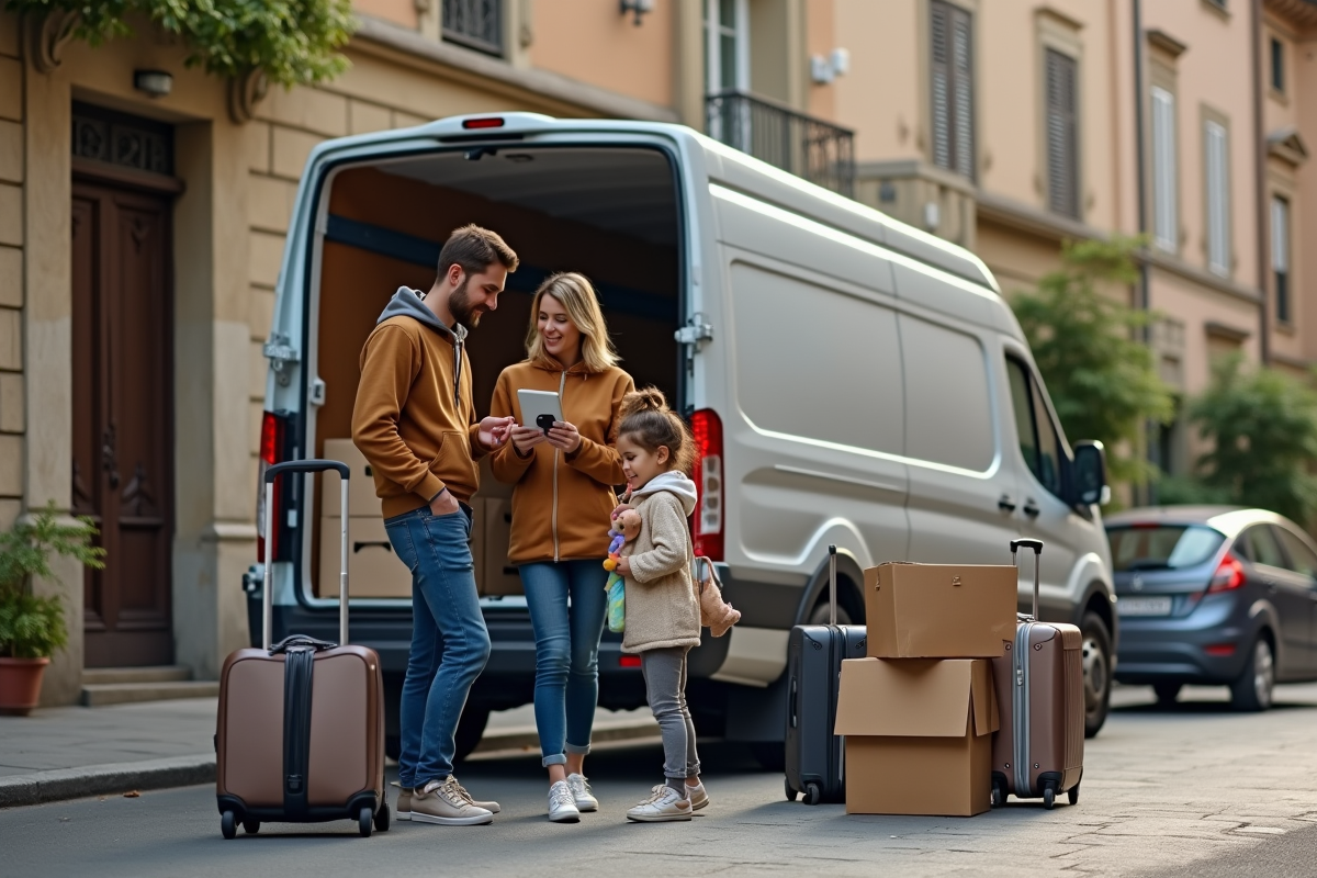 Famille dehors devant un camion de déménagement en matinée