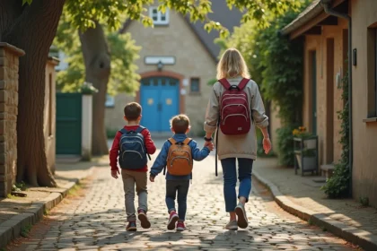 Famille avec enfants marchant vers une école dans un village normand de Seine-Maritime