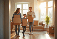 Famille heureuse emportant des cartons dans un appartement lumineux