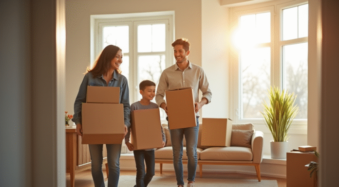 Famille heureuse emportant des cartons dans un appartement lumineux