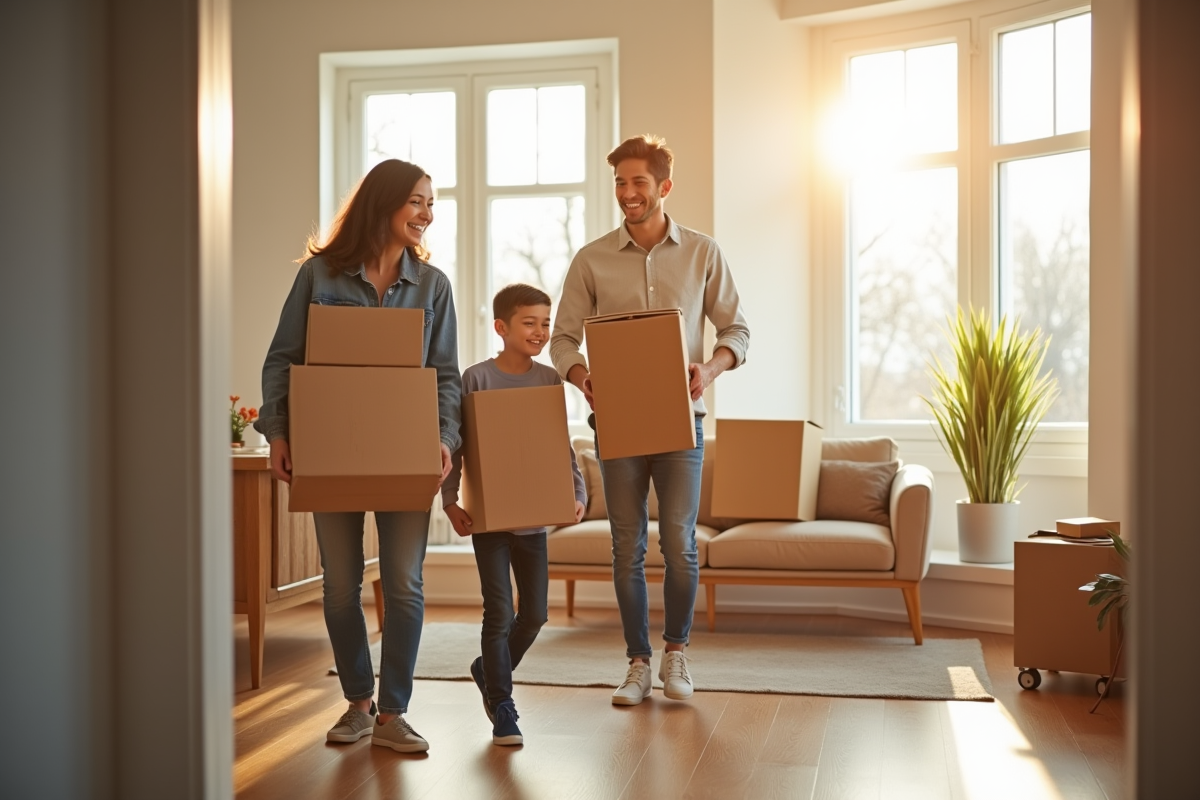 Famille heureuse emportant des cartons dans un appartement lumineux