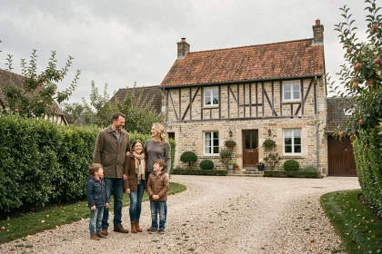 Famille recomposée devant une maison à louer en Seine-Maritime avec architecture normande traditionnelle