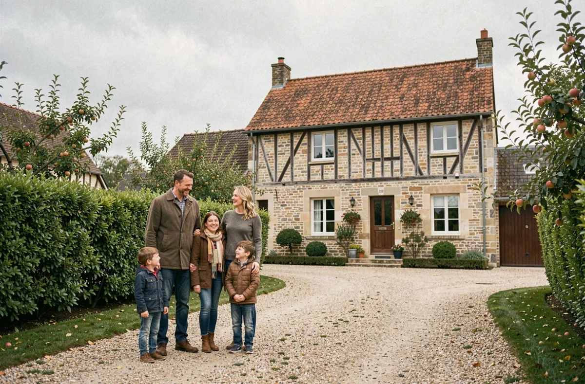 Famille recomposée devant une maison à louer en Seine-Maritime avec architecture normande traditionnelle