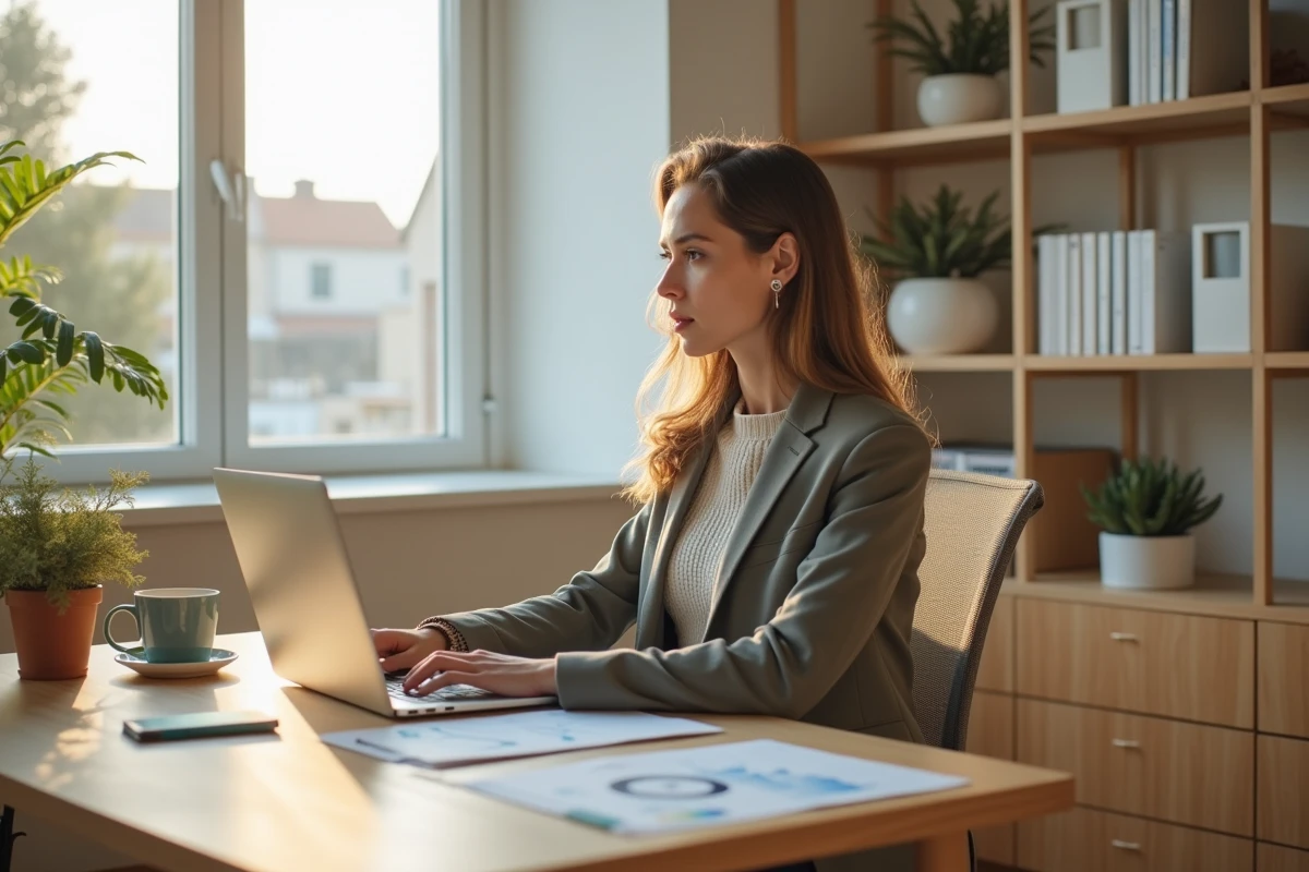 Jeune femme analysant des graphiques immobiliers dans son bureau