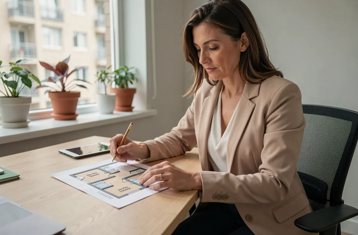 Femme analysant le plan d'un appartement T3 avec deux chambres pour vérifier la disposition avant achat sur plan