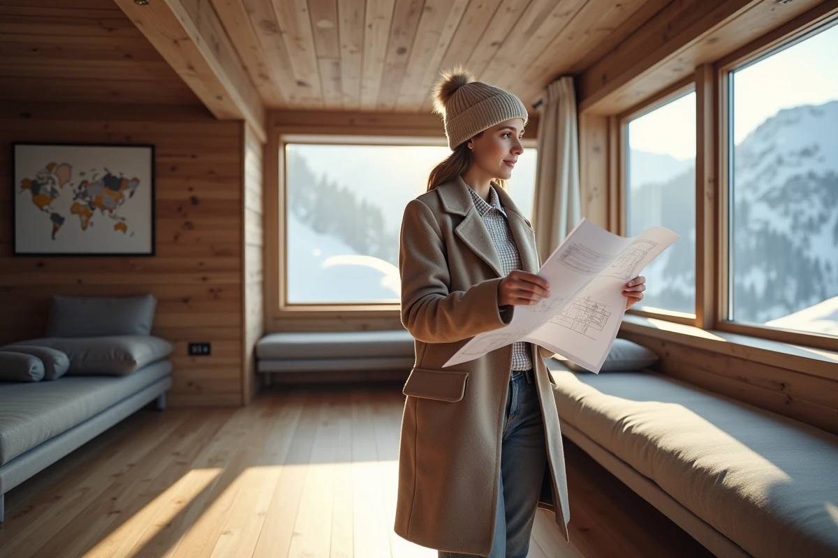 Jeune femme inspectant des plans dans un appartement alpin lumineux