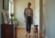 Femme en tenue casual avec son chien dans un appartement