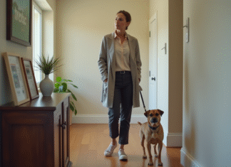 Animaux domestiques : Est-il légal d’interdire leur présence dans une location ? Femme en tenue casual avec son chien dans un appartement