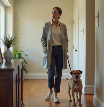 Femme en tenue casual avec son chien dans un appartement