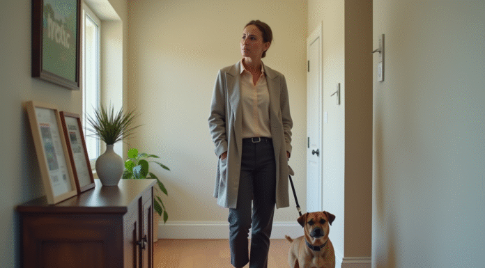 Femme en tenue casual avec son chien dans un appartement