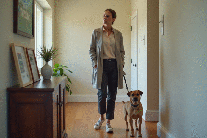 Femme en tenue casual avec son chien dans un appartement