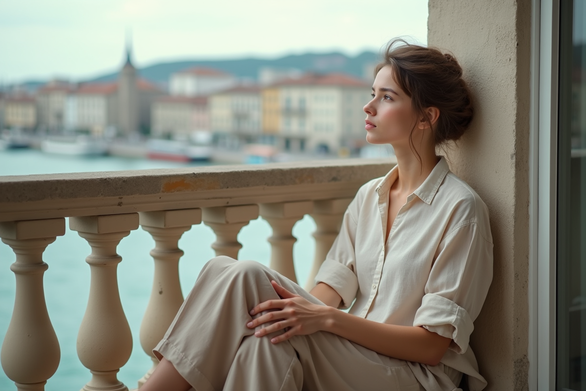 Jeune femme assise sur un balcon surplombant le port de Mille