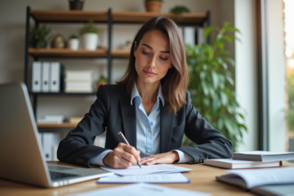 Femme professionnelle dans un bureau immobilier en train de remplir des formulaires
