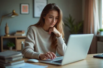 Femme assise à son bureau à la maison en train de travailler