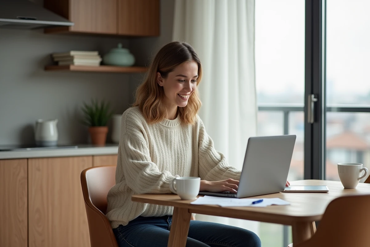 Femme souriante travaillant à son bureau à domicile