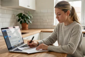 Femme comparant des devis d'assurance habitation en ligne sur un ordinateur portable dans une cuisine moderne