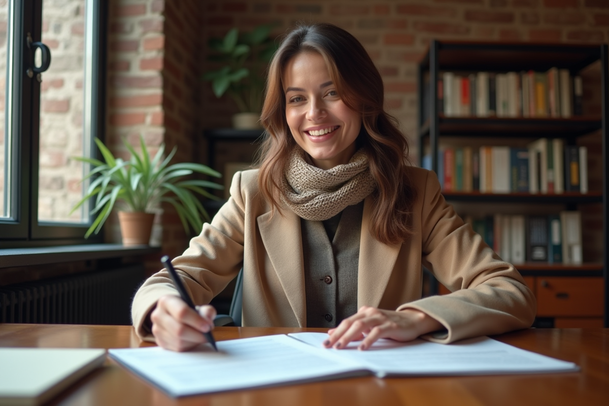 Femme souriante vérifiant des documents dans un appartement